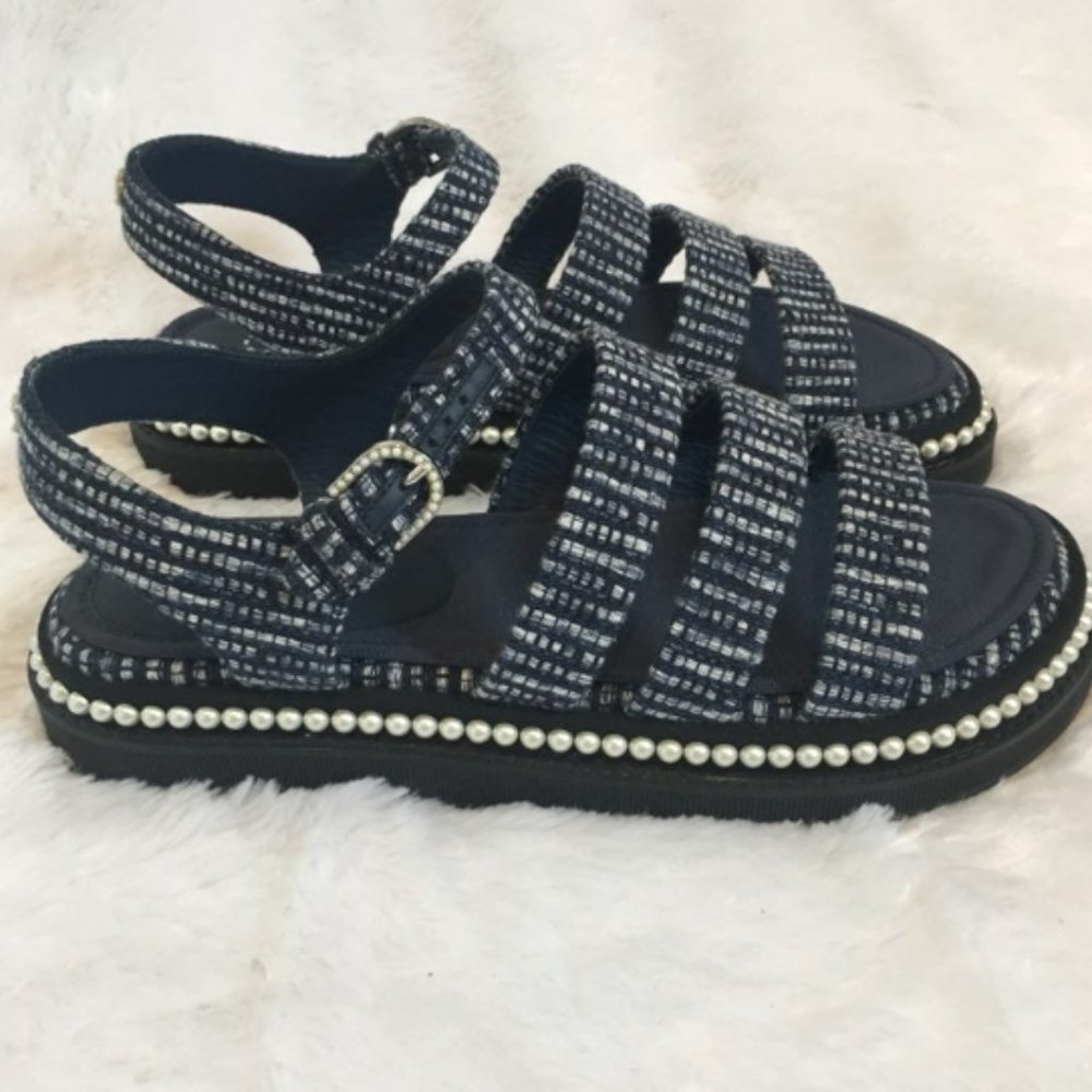 Chanel Navy Sandals with Real Pearls and 24k gold